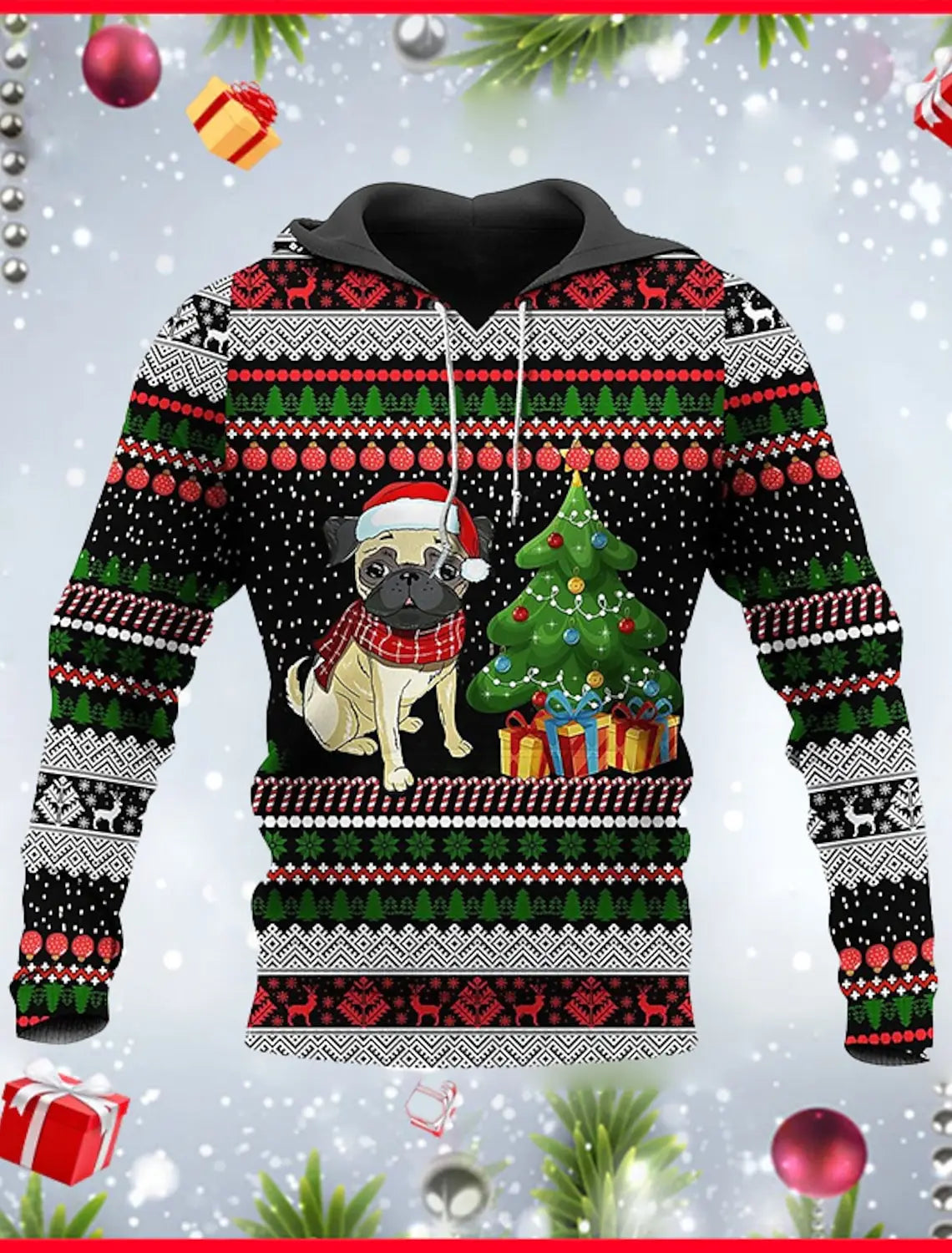 Pug Lover Christmas Ugly Hooded Sweatshirt
