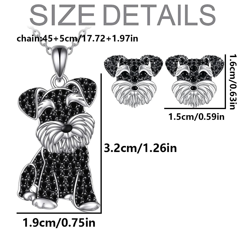 2Pcs/Set Cute Black Crystal Schnauzer Pendant Necklace and Earrings