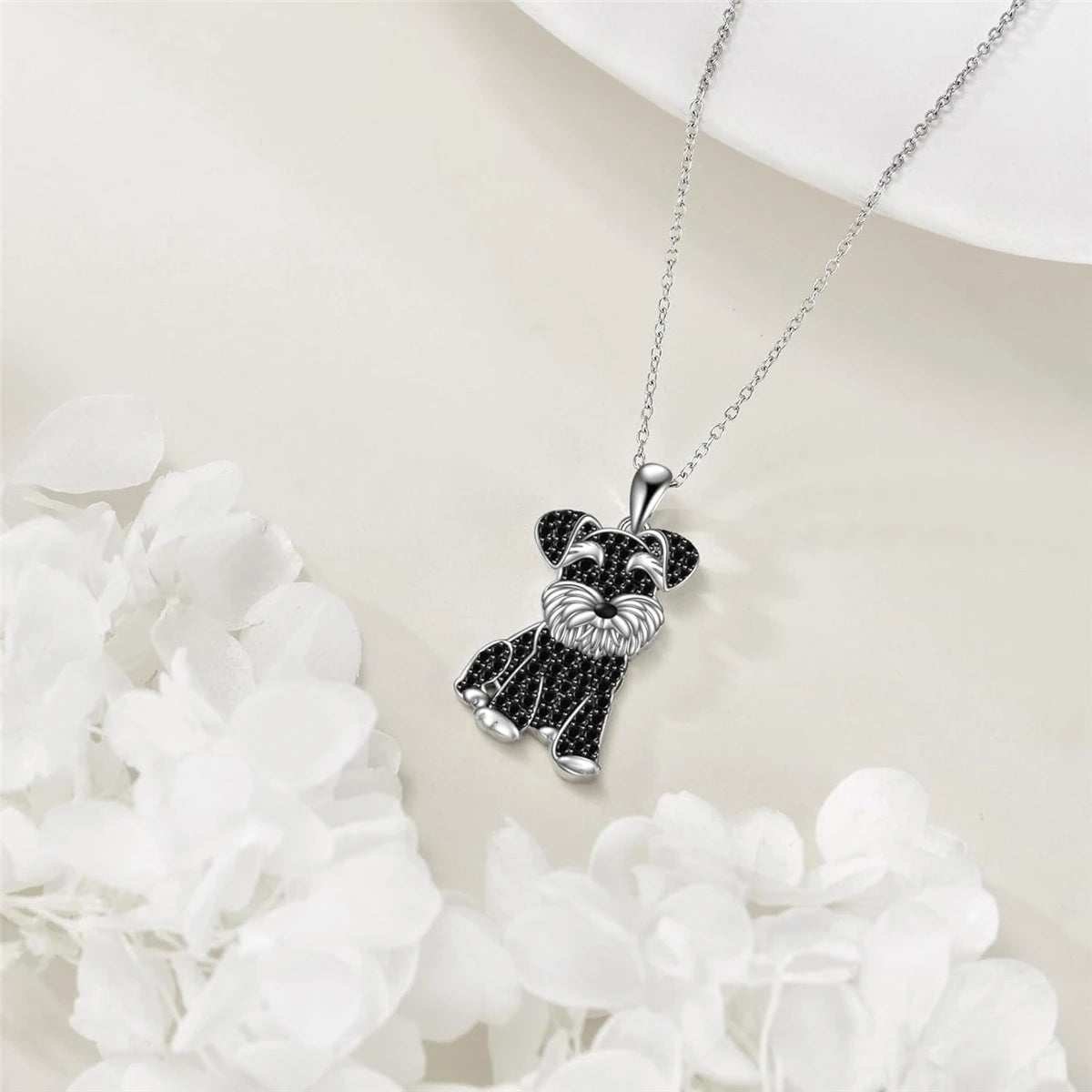 2Pcs/Set Cute Black Crystal Schnauzer Pendant Necklace and Earrings