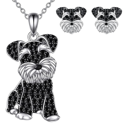 2Pcs/Set Cute Black Crystal Schnauzer Pendant Necklace and Earrings