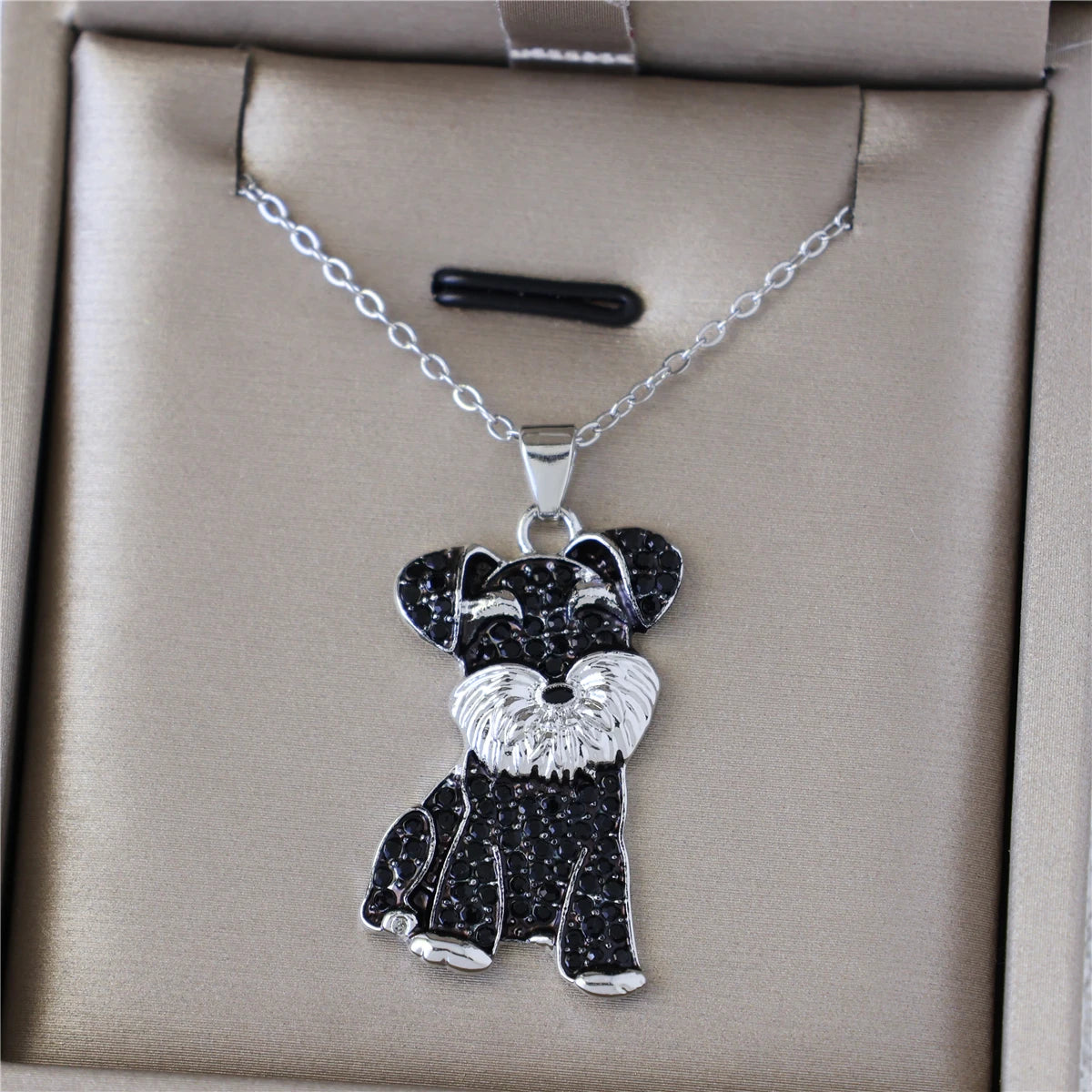 2Pcs/Set Cute Black Crystal Schnauzer Pendant Necklace and Earrings