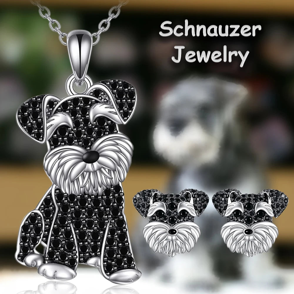 2Pcs/Set Cute Black Crystal Schnauzer Pendant Necklace and Earrings