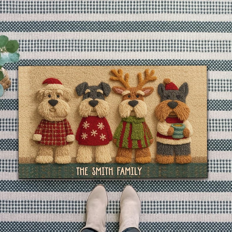 Custom Schnauzer Family Christmas Doormat