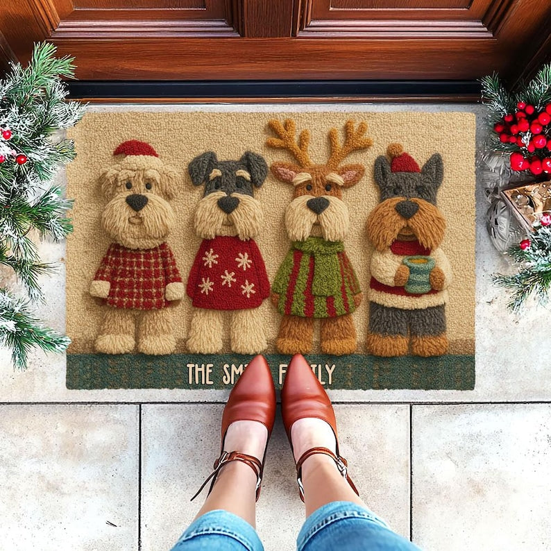 Custom Schnauzer Family Christmas Doormat