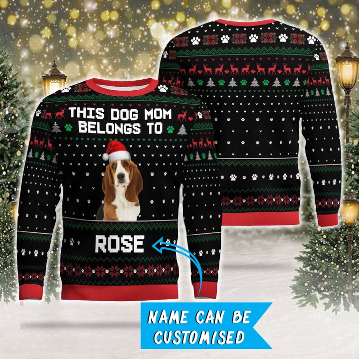 Photo + Name Personalized Christmas Ugly Sweater for Basset Hound Parents